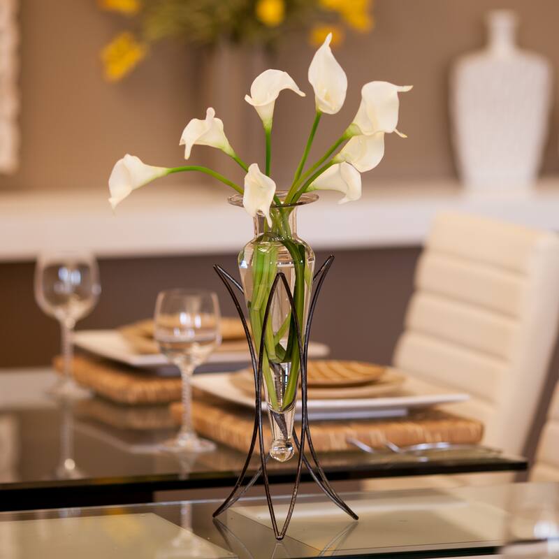 Clear Amphora Vase with Metal Half Moon Stand