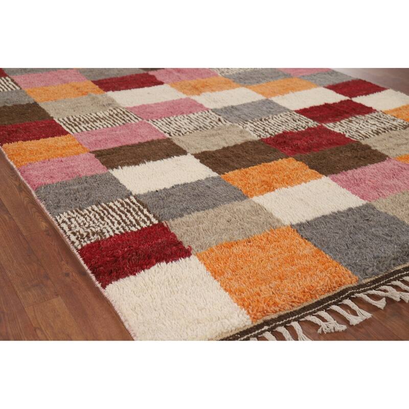 Hand Knotted Oriental 100% Wool Carpet Modern All-Over Multi-Colored Moroccan Area Rug - 9' 4'' X 5' 8''