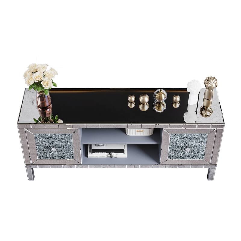60" Mirrored TV Stand with Crushed Diamond Glass Doors - Modern Media Entertainment Center for Living Room