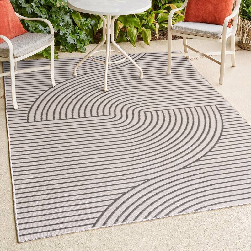 JONATHAN Y Reversible Zana Mid-Century Modern Curve Stripe Machine-Washable Dark Gray/Cream Indoor/Outdoor Area Rug