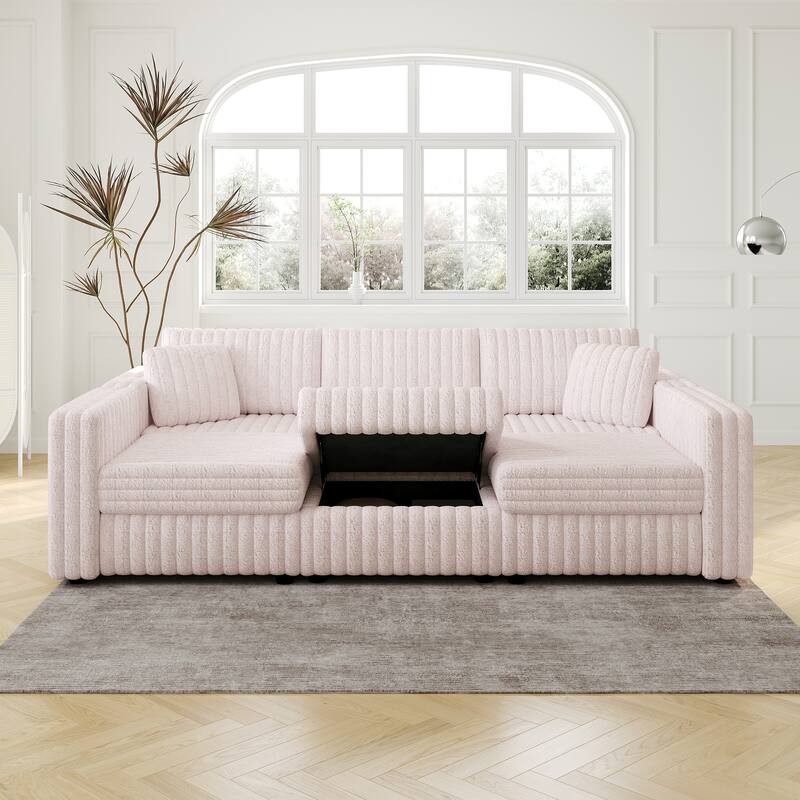 106.3" Soft U-shaped 6-Person Sofa with 30.7" Hydraulic Lift Ottoman, Light Pink, Modular Design