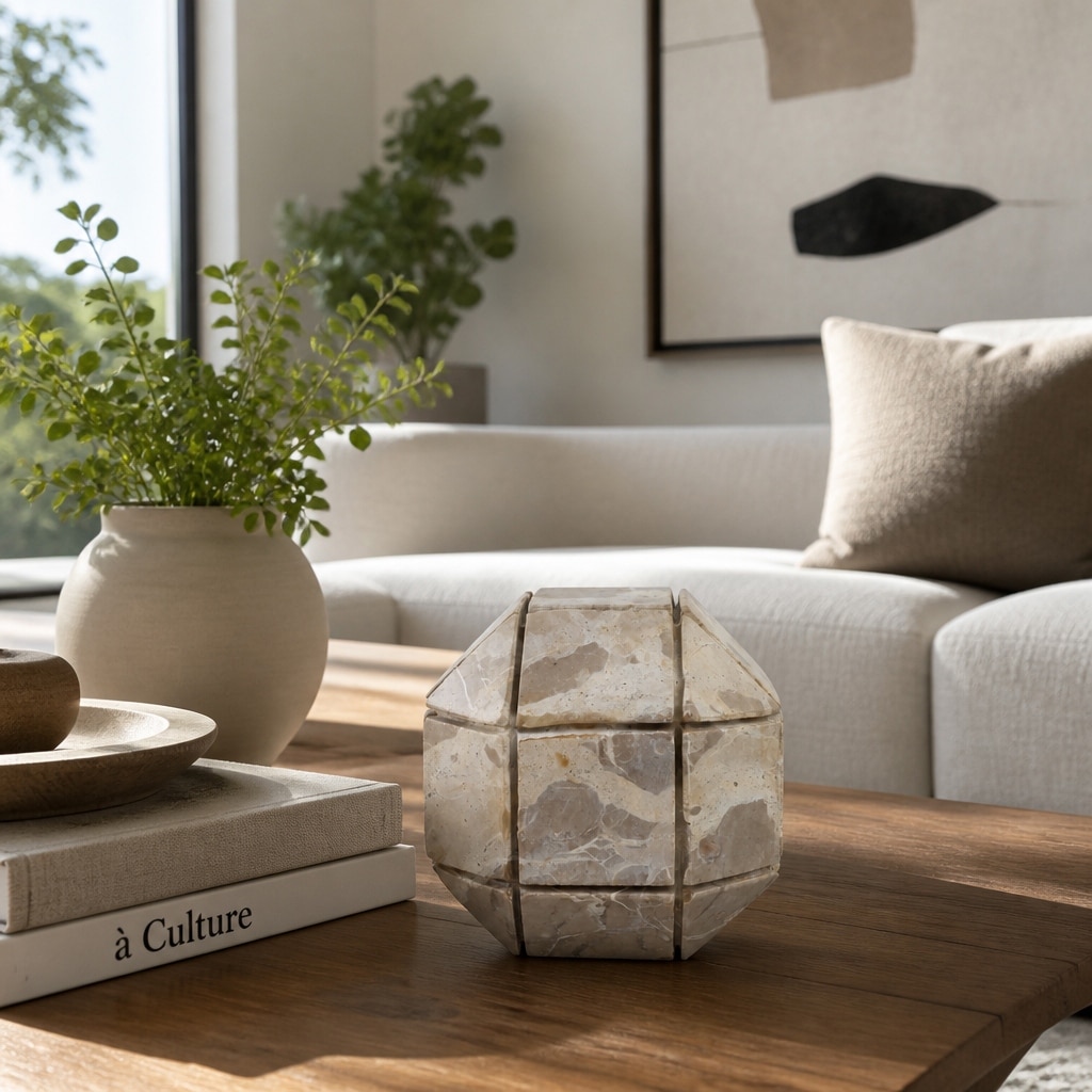 Decorative Geometric Marble Orb Sculpture - Ivory & Tan