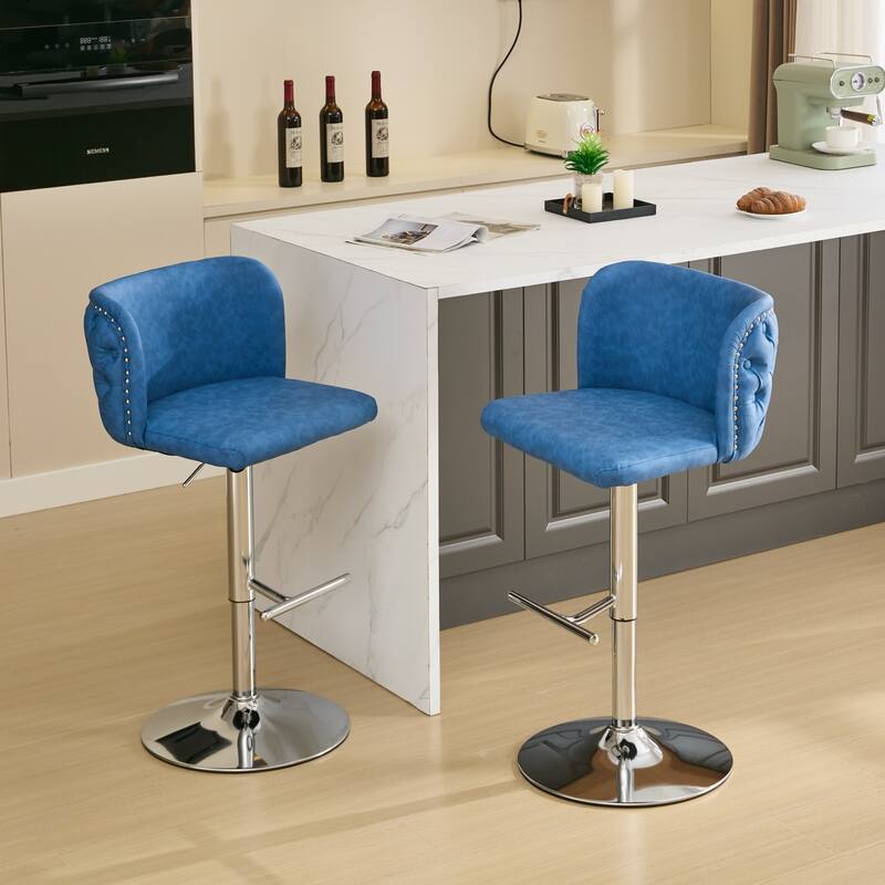 Modern PU Upholstered Bar Stools Set of 2, Swivel Barstools with Tufted Back, Adjustable Seat Height with Chrome Base