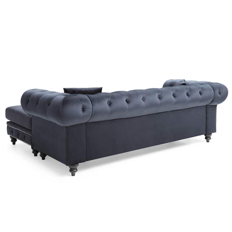 Tufted Velvet L-Shape 3-Seater Sectional Sofa with Throw Pillows - 98" - Black