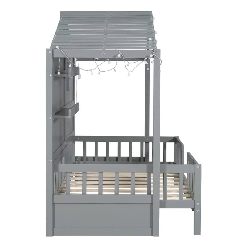 Twin Size House Bed with Shelves, Window, and Sparkling Light Strip