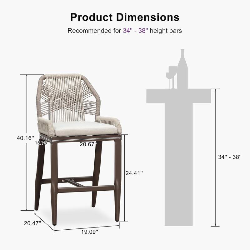 PURPLE LEAF Outdoor Bar Stools Chair Set of 2, All Weather Rattan and Aluminum Patio Bar Stool with Cushion