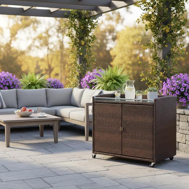 Teamson Home Outdoor Rattan Bar Serving Cart with Locking Caster Wheels, Glass Top, Large Patio Storage for Deck and Patio Use