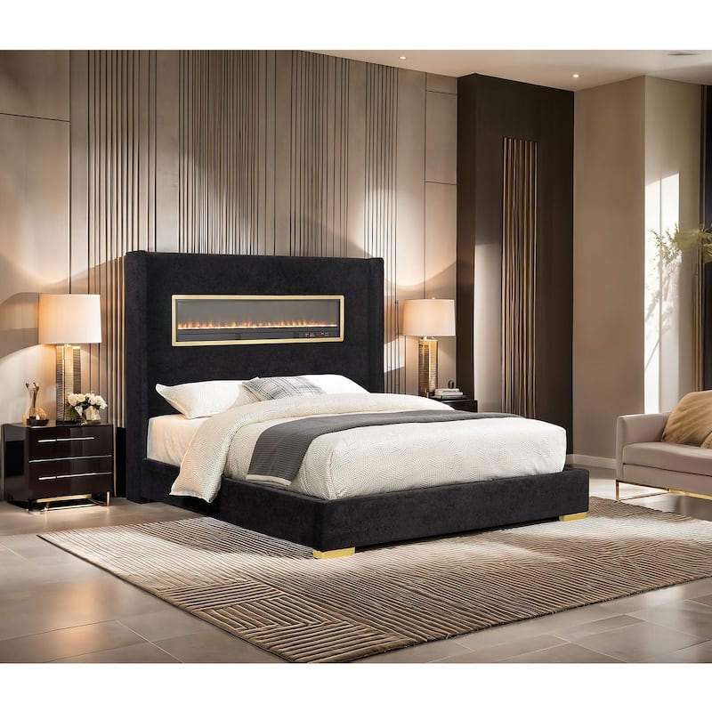 Black Finish Luxury 3D Fireplace Bluetooth Audio 1pc Bed