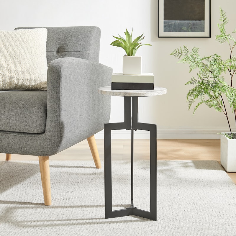 Black Metal Sculptural Pedestal & Faux Stone Tabletop Accent End Table