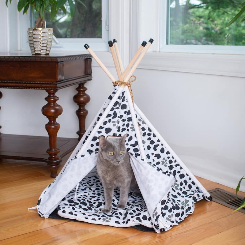 Pet Tent/Teepee Style Cat Bed, Durable Fabric - 35"L x 35" W x 29"H; - White with black paw print