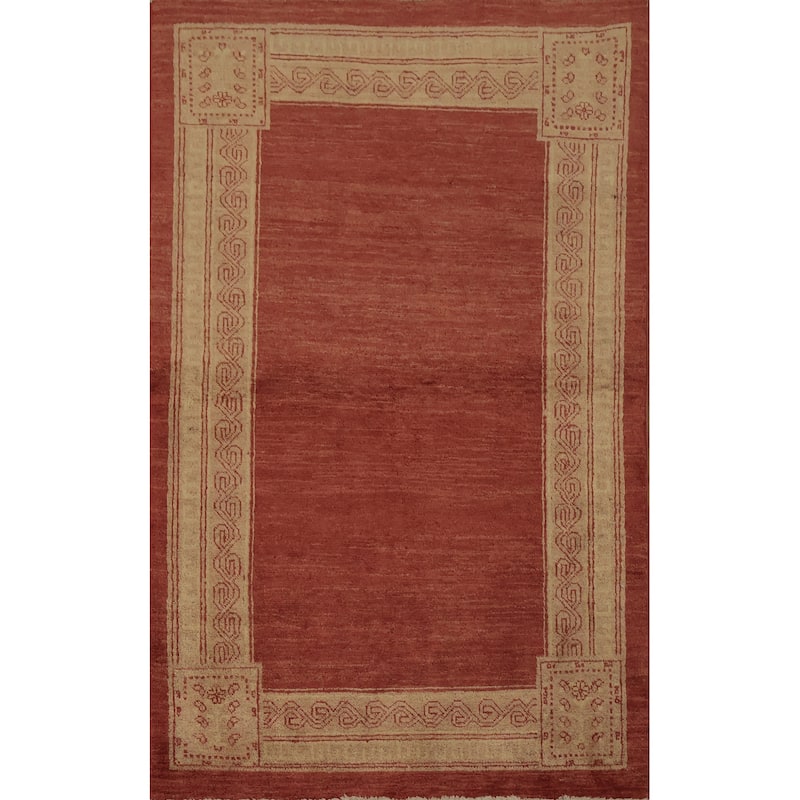 Hand Knotted Oriental 100% Wool Carpet Modern Geometric Oranges & Rust Gabbeh Area Rug - 5' 6'' X 3' 9''