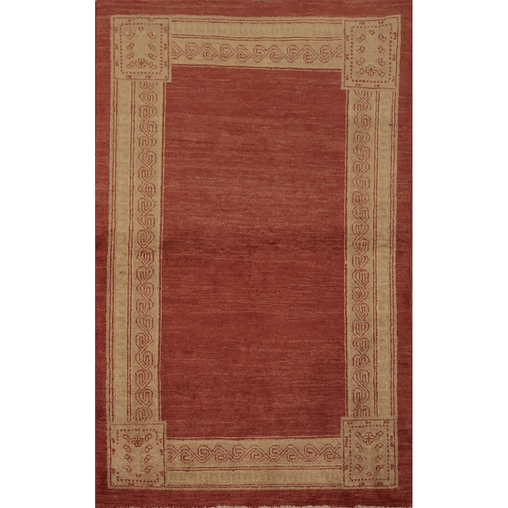 Hand Knotted Oriental 100% Wool Carpet Modern Geometric Oranges & Rust Gabbeh Area Rug - 5' 6'' X 3' 9''