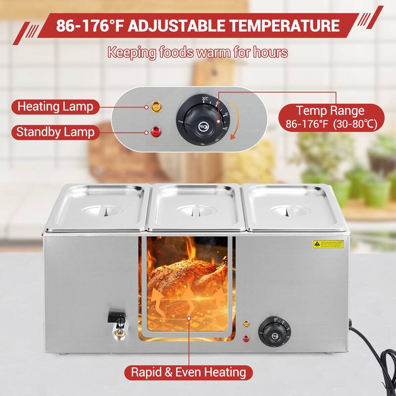21QT Electric Commercial Food Warmer, Stainless Steel Bain Marie Steam Table Countertop Soup Station for Parties Buffet
