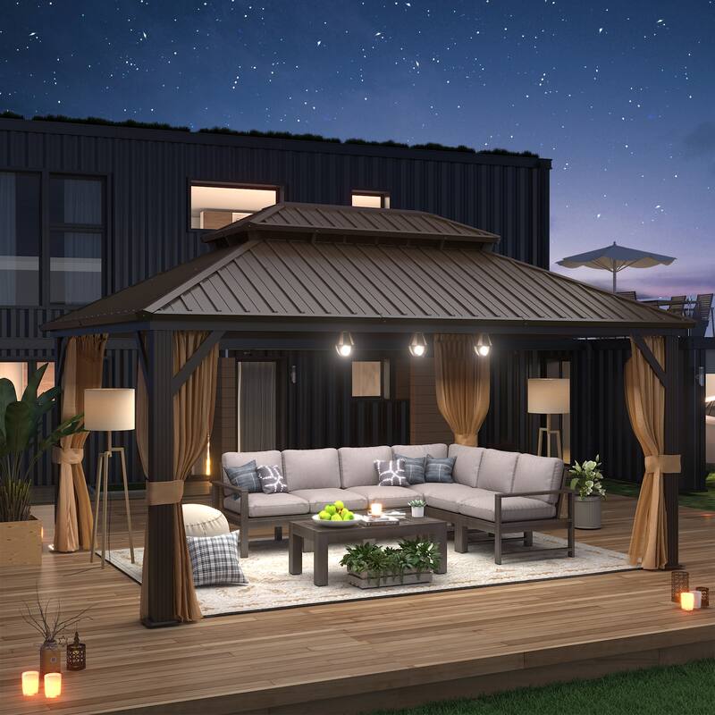 Erommy Hardtop Gazebo with Galvanized Steel Double Roof & Aluminum Frame, Outdoor Gazebo with Curtains and Nettings