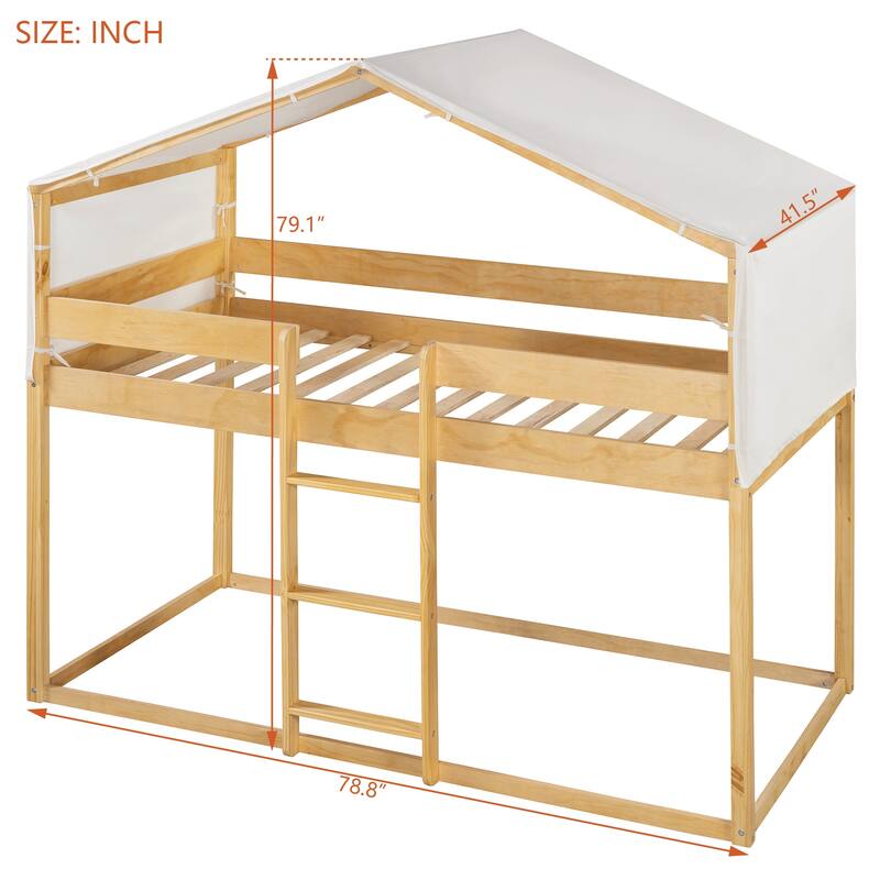 Twin Over Twin Wood Bunk Bed with Play Tent and Espresso Solid Wood, 250lb Capacity, Fun House Design for Kids