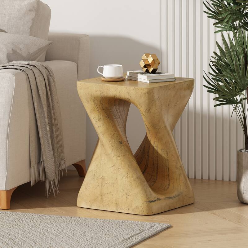 Unique Hollow Twisted Spiral Shape Side Table with Wood Grain Texture - Natural