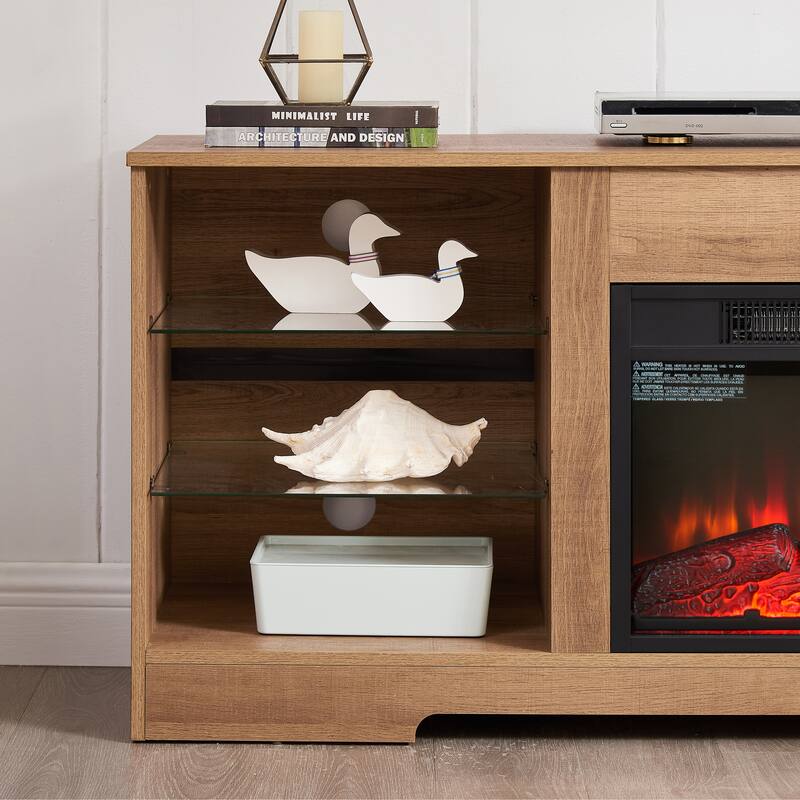 58'' TV Stand for TVs up to 62'' with 18'' Electric Fireplace, LED Lights, Glass Shelves, USB Charging Ports and Power Outlets