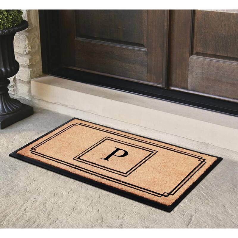 A1HC Natural Coir and Rubber Monogrammed Front Porch Entry Doormat 24"X48" Black/Beige