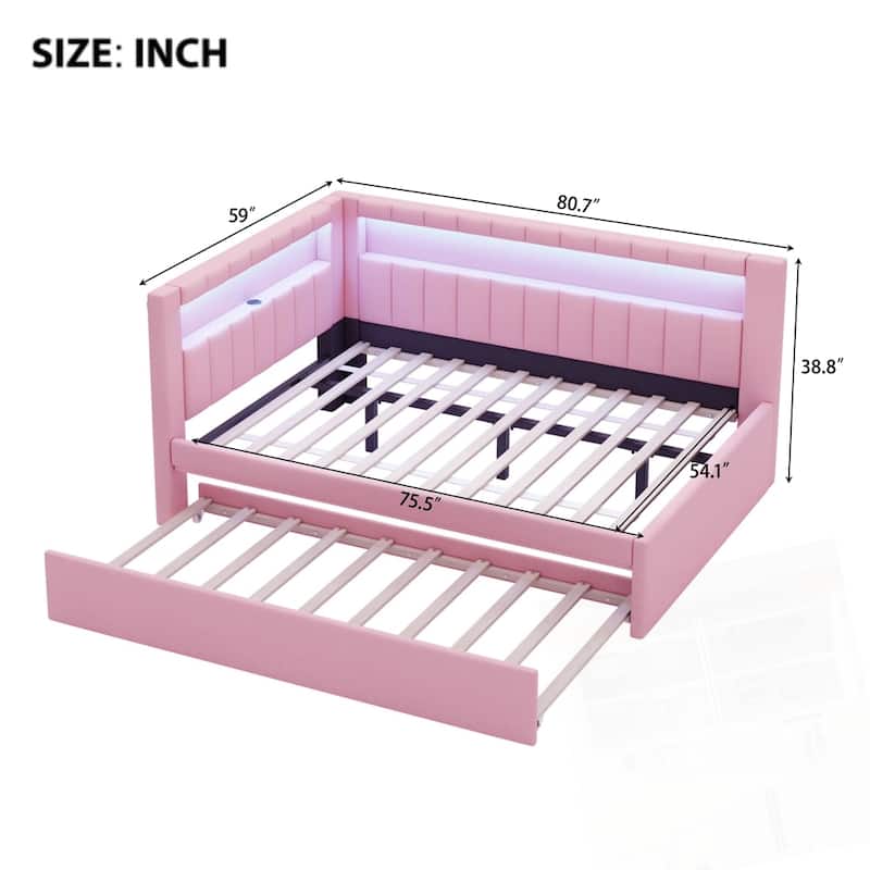 Upholstered Platform Bed with USB Ports and LED Belt With Trundle