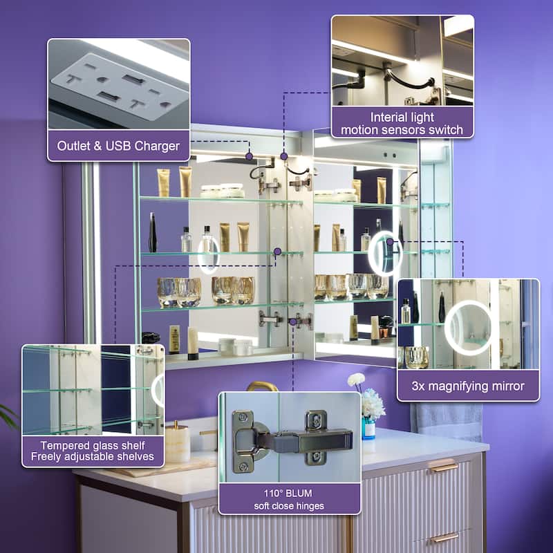 30" H Recessed or Surface LED Mirror Cabinet with Adjustable Glass Shelves,Defogger, Dimmer And Outlets & USB Ports