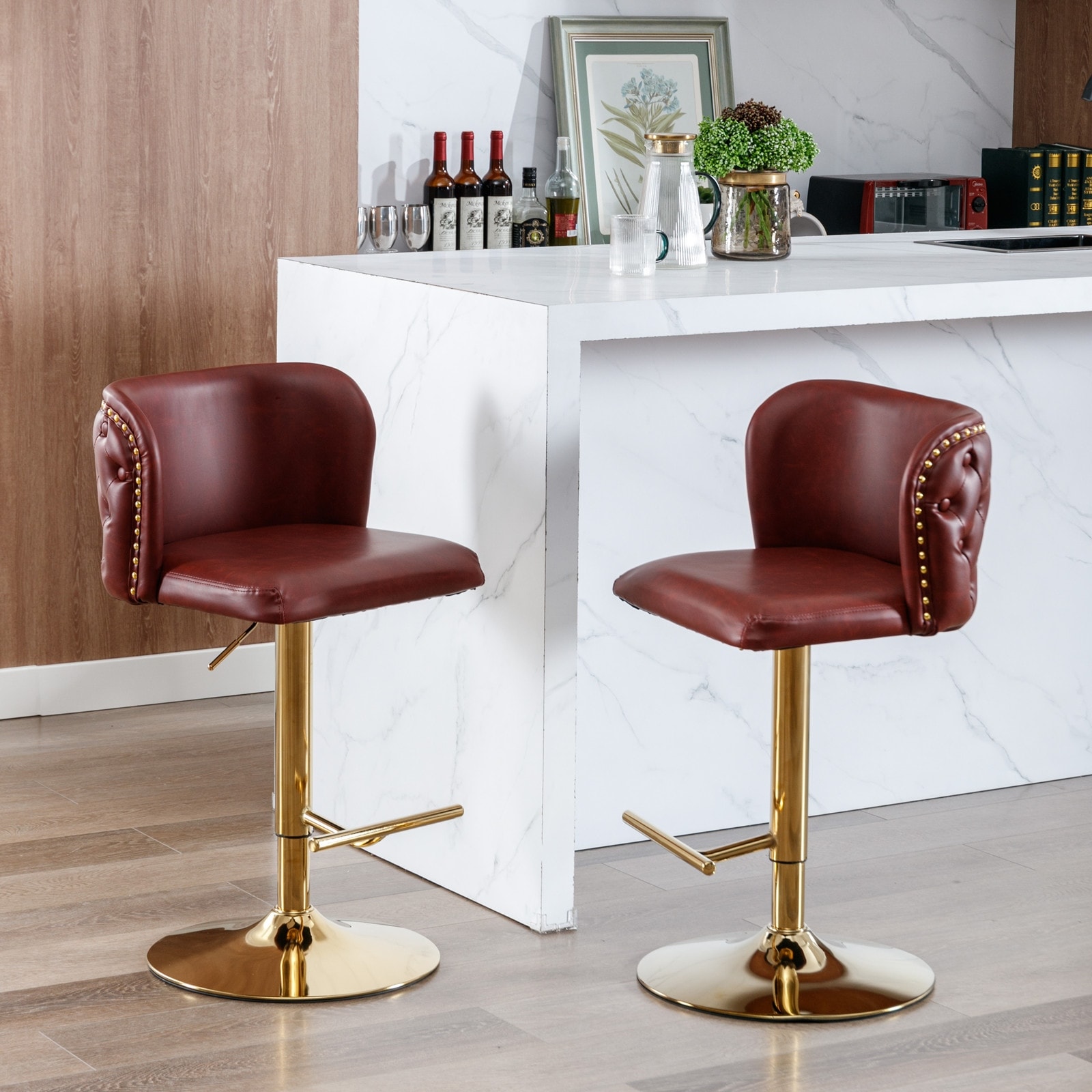 Roomfitters Bar Stools Set of 2, Modern PU Leather Adjustable Swivel Counter Chairs with Tufted Backrest