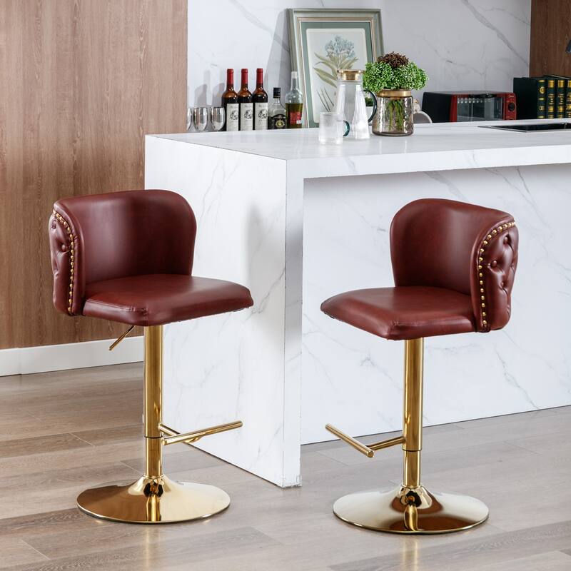 Set of 2 Adjusatble Swivel Bar Stools with PU Leather Tufted Back - Burgundy