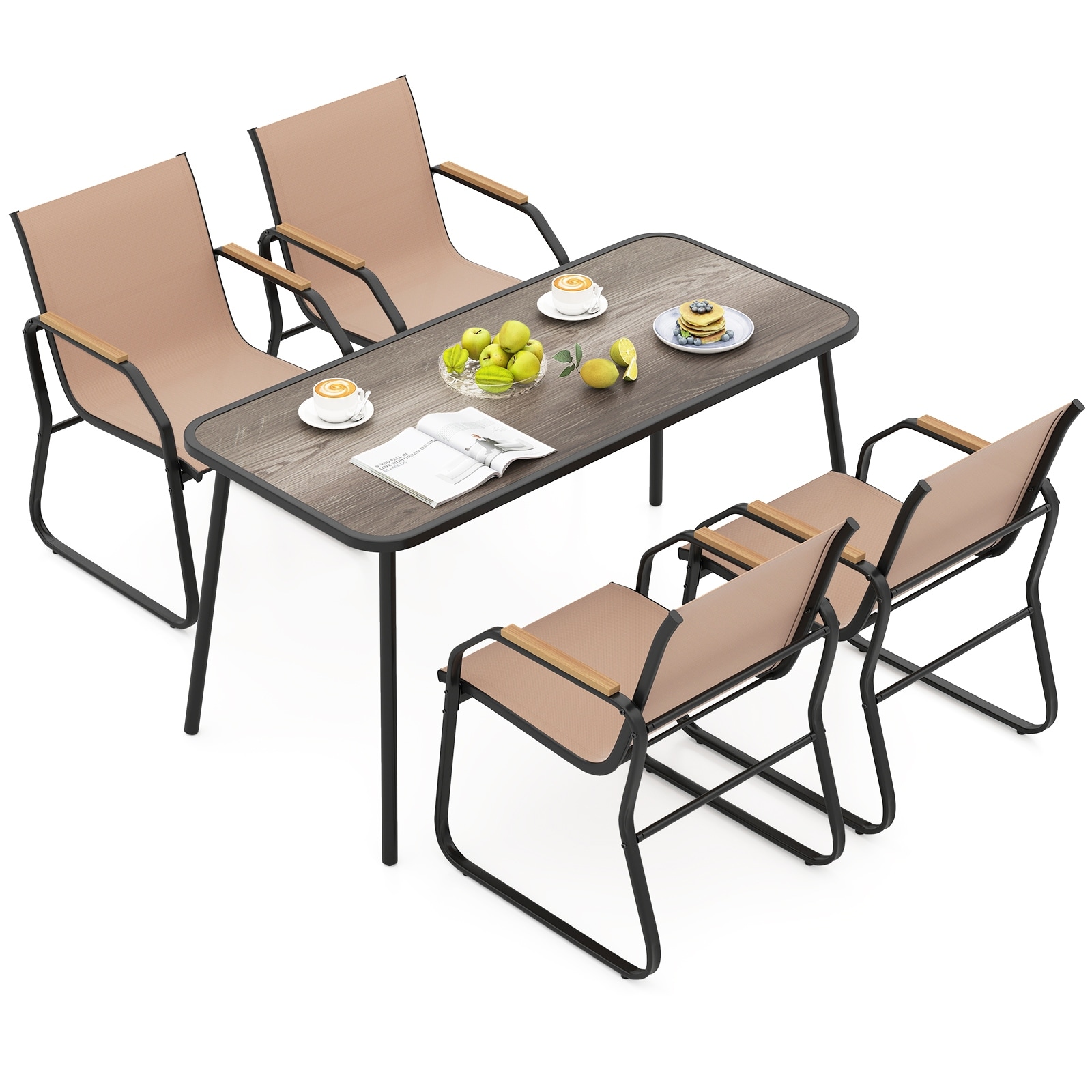 Gymax 5 PCS Patio Dining Set w/ Wood-like Armrests & Metal Frame for