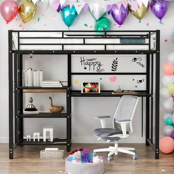 slide 2 of 9, Modern Twin Size Loft Bed With Desk And Whiteboard And 3 Shelves And Ladder for Bedroom Black