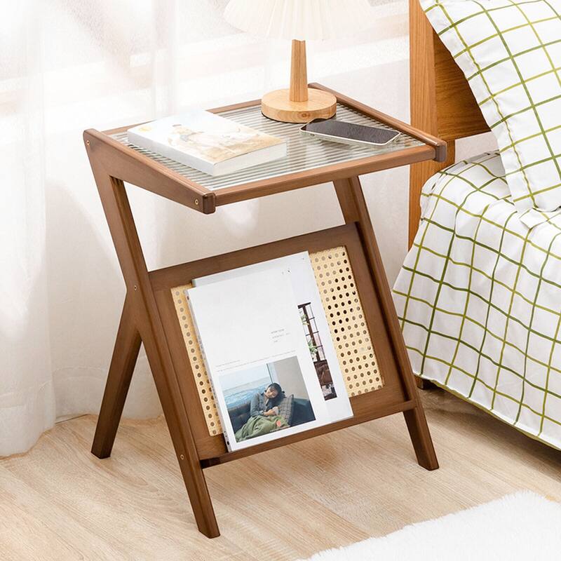 Bamboo Glass Top Side Table Accent End Table with Magazine Rack