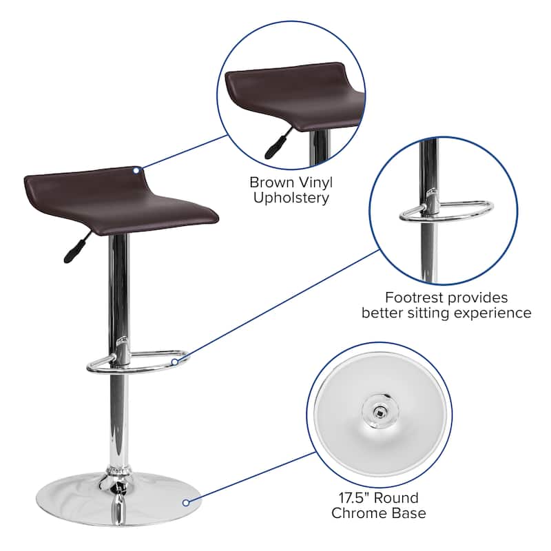 2 Pack Contemporary Vinyl Adjustable Height Barstool with Solid Wave Seat - 15"W x 15"D x 25.5" - 34"H