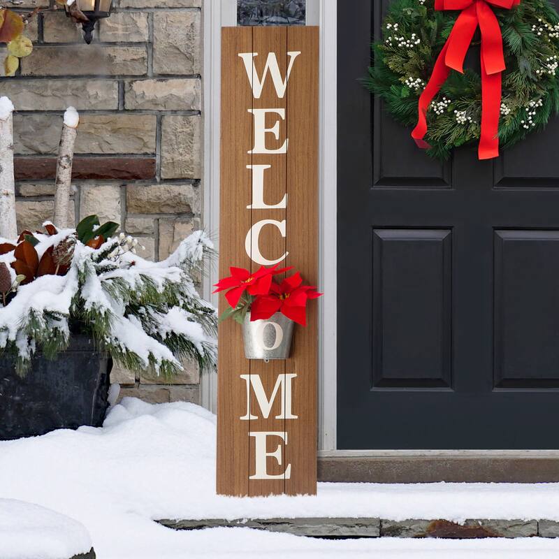 Glitzhome 42-inch Wooden Welcome Porch Sign Wall Decor with Metal Planter
