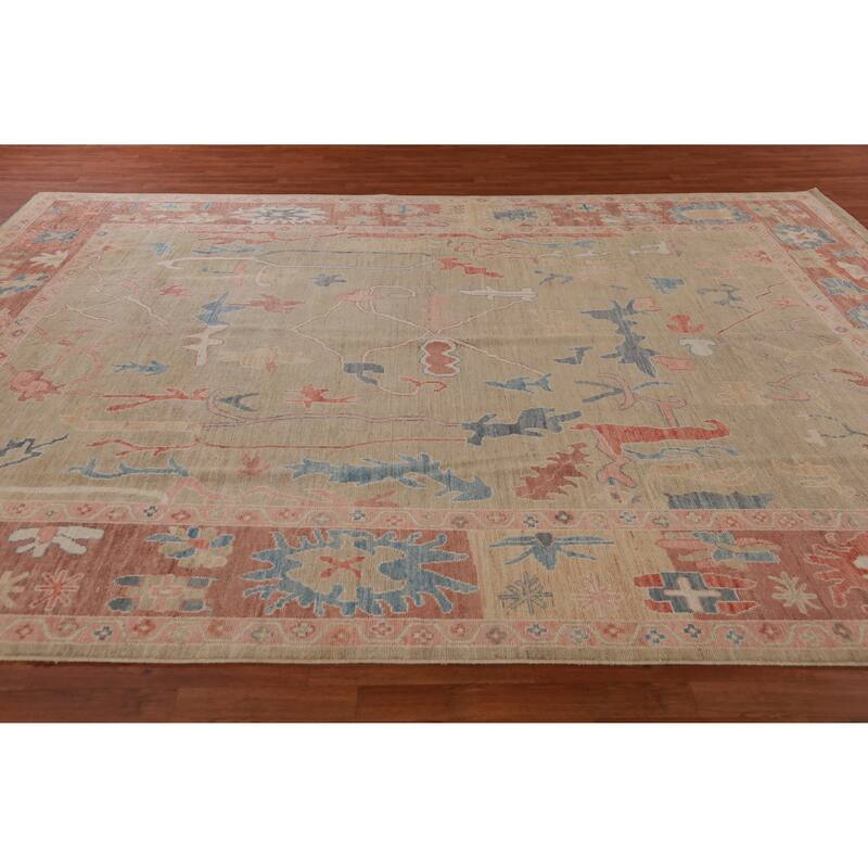 Hand Knotted Oriental 100% Wool Carpet Transitional All-Over Beige & Ivories Oushak Area Rug - 12' 2'' X 9' 4''