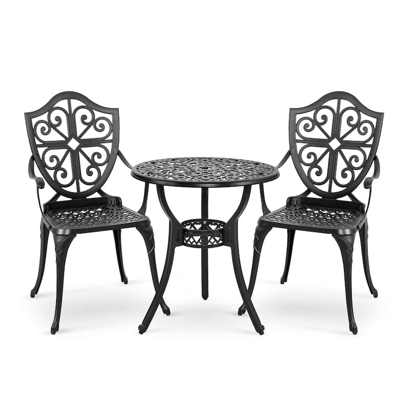 Cast Aluminum Bistro Table with Umbrella Hole and 2 Bistro Chairs - 24 inches round table