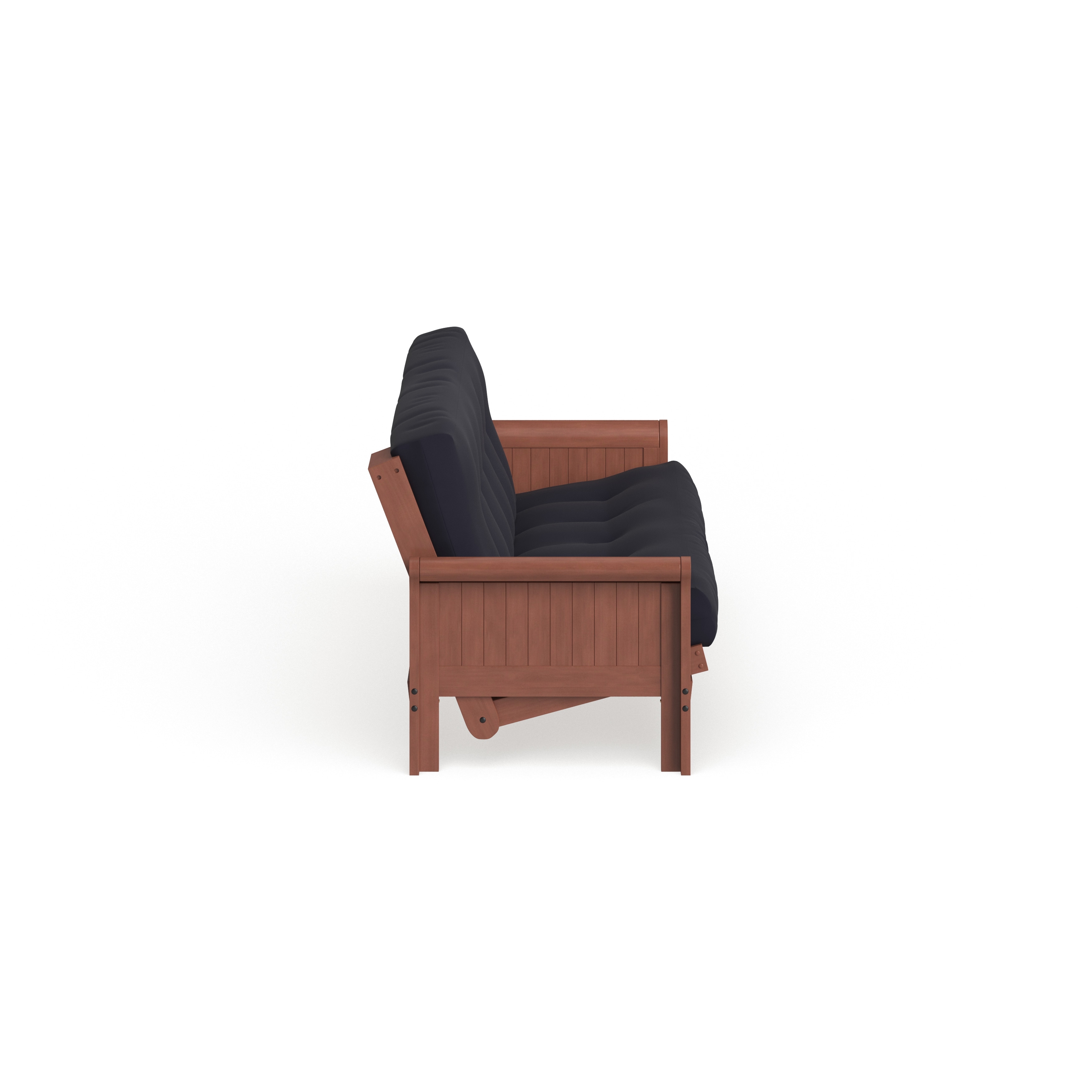 Side view of a navy blue futon mattress on a wood frame.