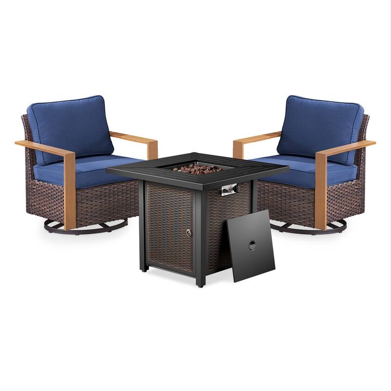 Meyreso 3-Piece Wicker Swivel Glider Metal Fire Pit Set with Plush 4.5" Olefin Cushions