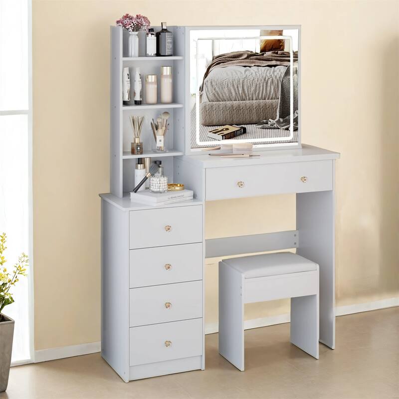 37" Mid-Size Left Bedside Vanity Set with LED Mirror and Stool