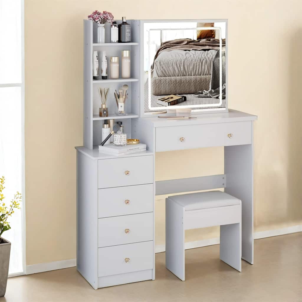 37" Mid-Size Left Bedside Vanity Set with LED Mirror and Stool