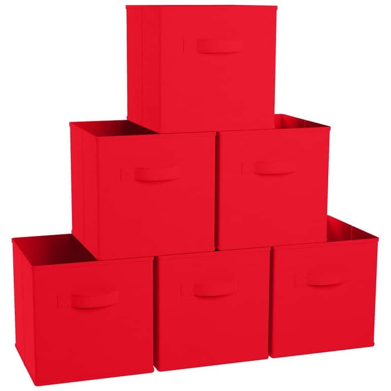 6 Pack Foldable Collapsible Storage Box Bins Shelf Basket Cube Organizer with Dual Handles -13 x 13 x 13 - 11 x 11 x 11 - Red