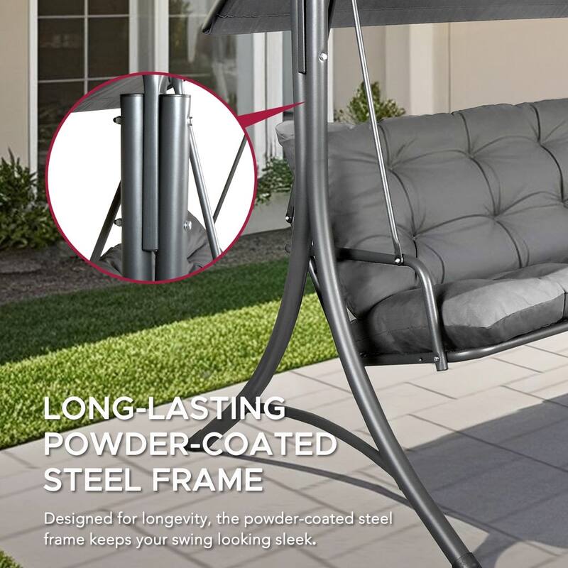 SUNJOY 3 Seat Deluxe Patio Swing Steel Frame, Adjustable Canopy Cushions Made in Italy