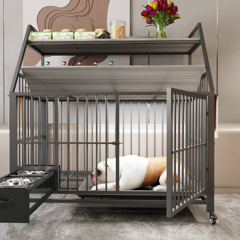 Large Pet Cage with Storage Rack, Drawers with Food and Water Basins, Double-Layer Storage Rack, Iron Frame and MDF Material - Black+Gray