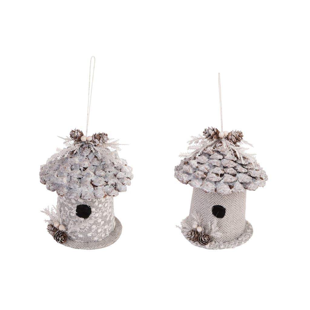 Transpac Pinecone Silver Bird House Decor Set of 2 Christmas Home Decorations