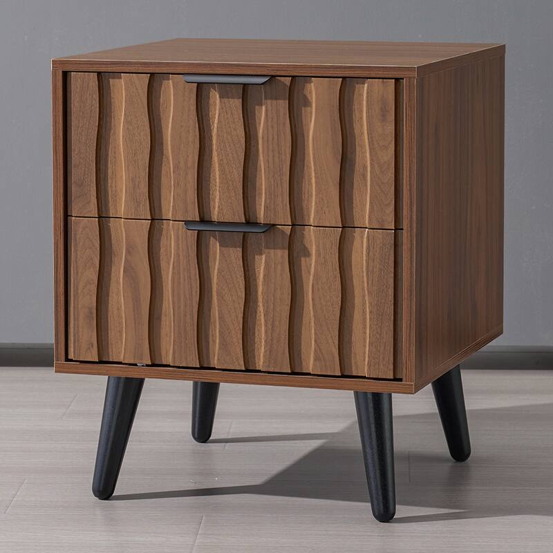 Mid-Century Modern Nightstand, Fluted End Table Drawer & Open Storage
