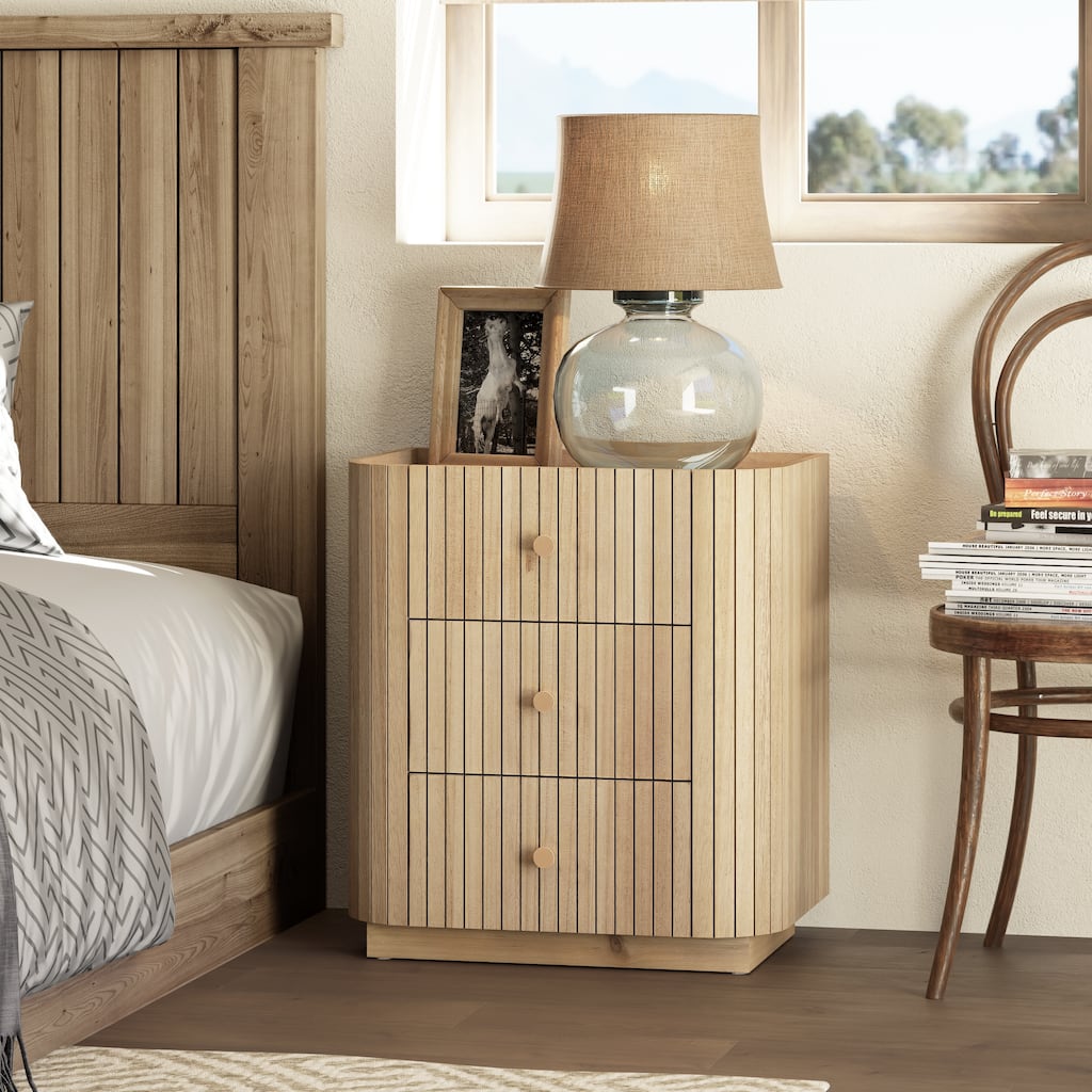COZAYH Modern Farmhouse 3-Drawer Nightstand with Vertical Wood Slats, Curved Edge, Metal Handles, Tray Top. Fully Assembled