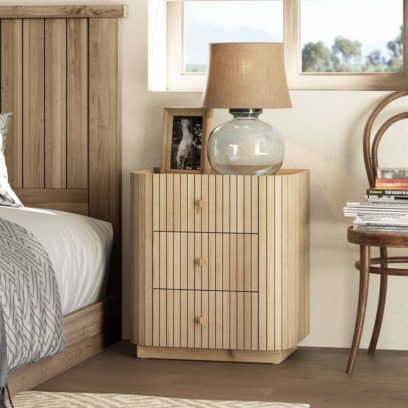 COZAYH Modern Farmhouse 3-Drawer Nightstand with Vertical Wood Slats, Curved Edge, Metal Handles, Tray Top. Fully Assembled - Natural