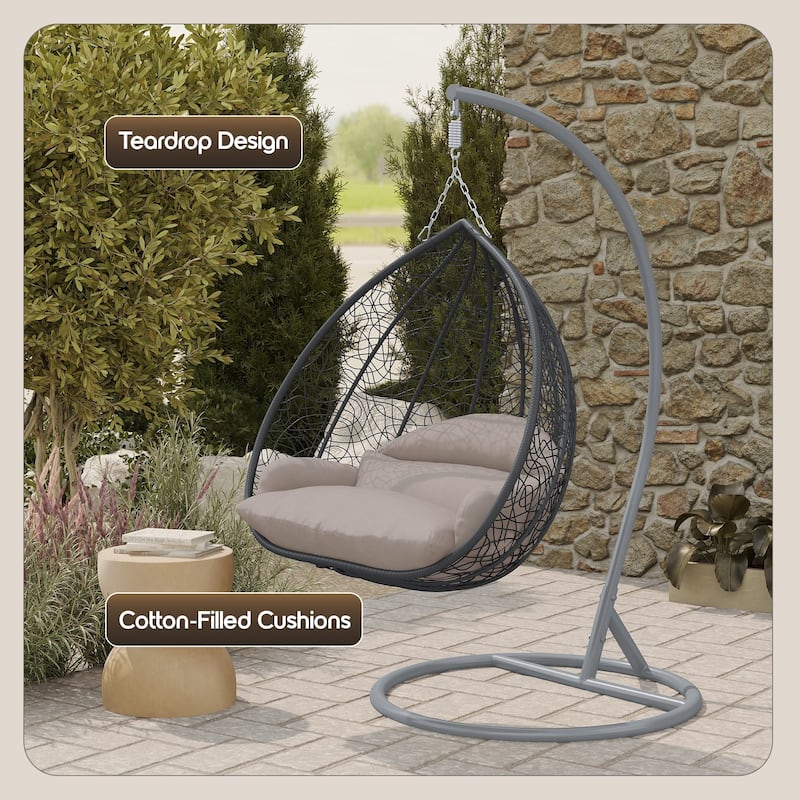 2-Person Egg Swing Chair in Grey Stainless Steel 2-Seater Porch Swing for Outdoor and Indoor - 77.95" Height