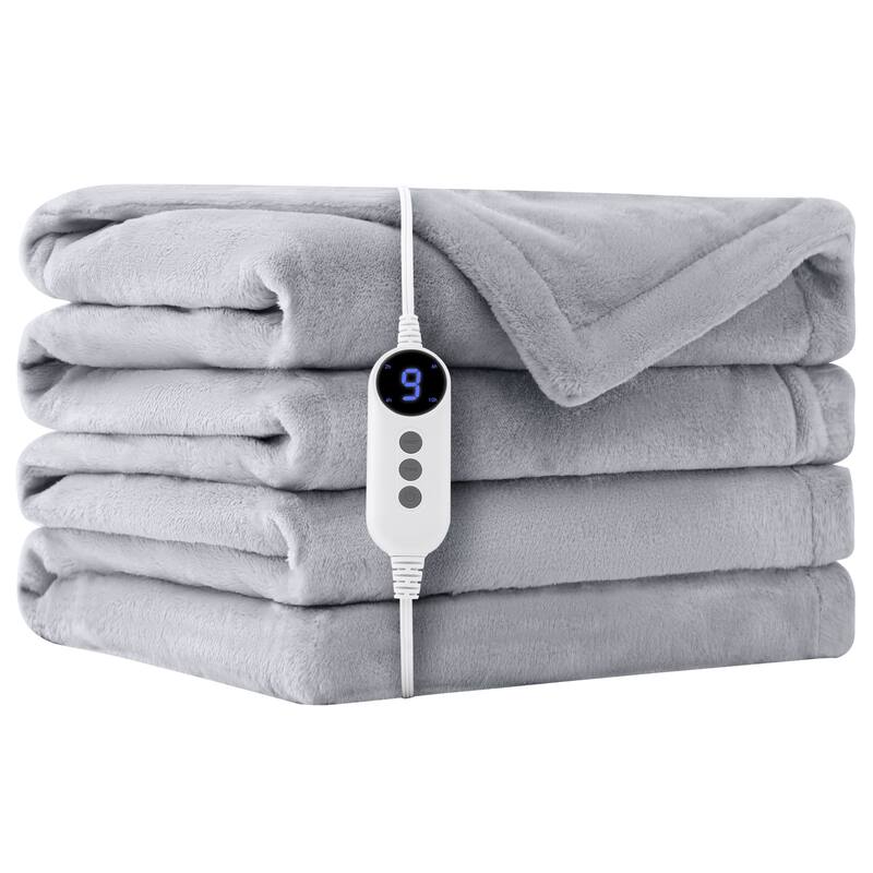 Reversible Flannel Electric Blanket, Heated Throw, Temperature and Timing Functions of a Controller - 62"*84" - Light Grey