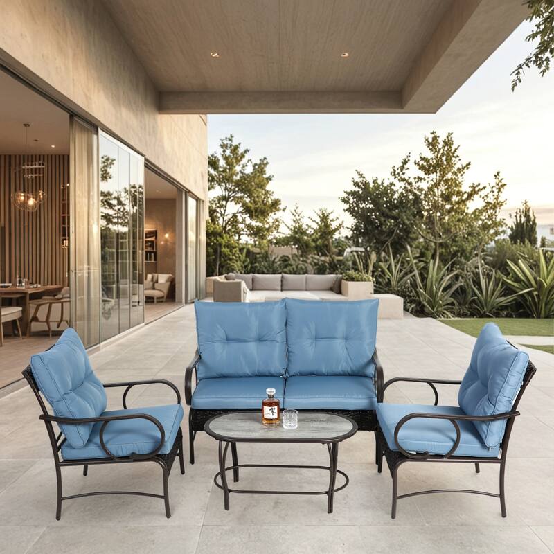 Classic Patio Sofa Wicker Conversation Set Rattan Sofa Chair wTable - Blue