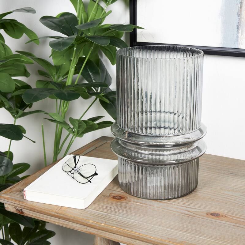 Gray Glass Wide Ribbed Candle Holder with Fluted Center