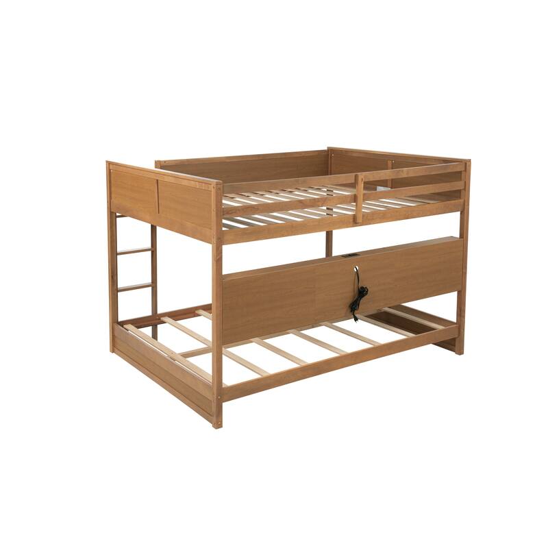 Roomfitters Queen Over Queen Bunk Bed with Storage Cabinets & Charging Station, Solid Pine Wood with Ladder & Guardrails, Wheat