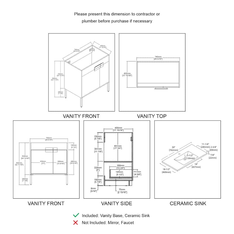 Blossom Bari 30 Inch Freestanding Wood Bathroom Vanity Cabinet w/ Sink